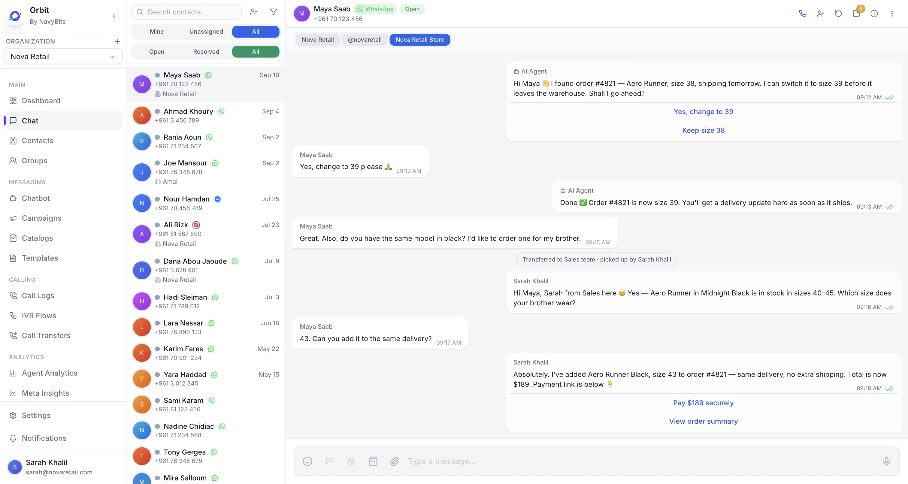 Orbit shared team inbox with a WhatsApp conversation, AI agent replies and a human handover
