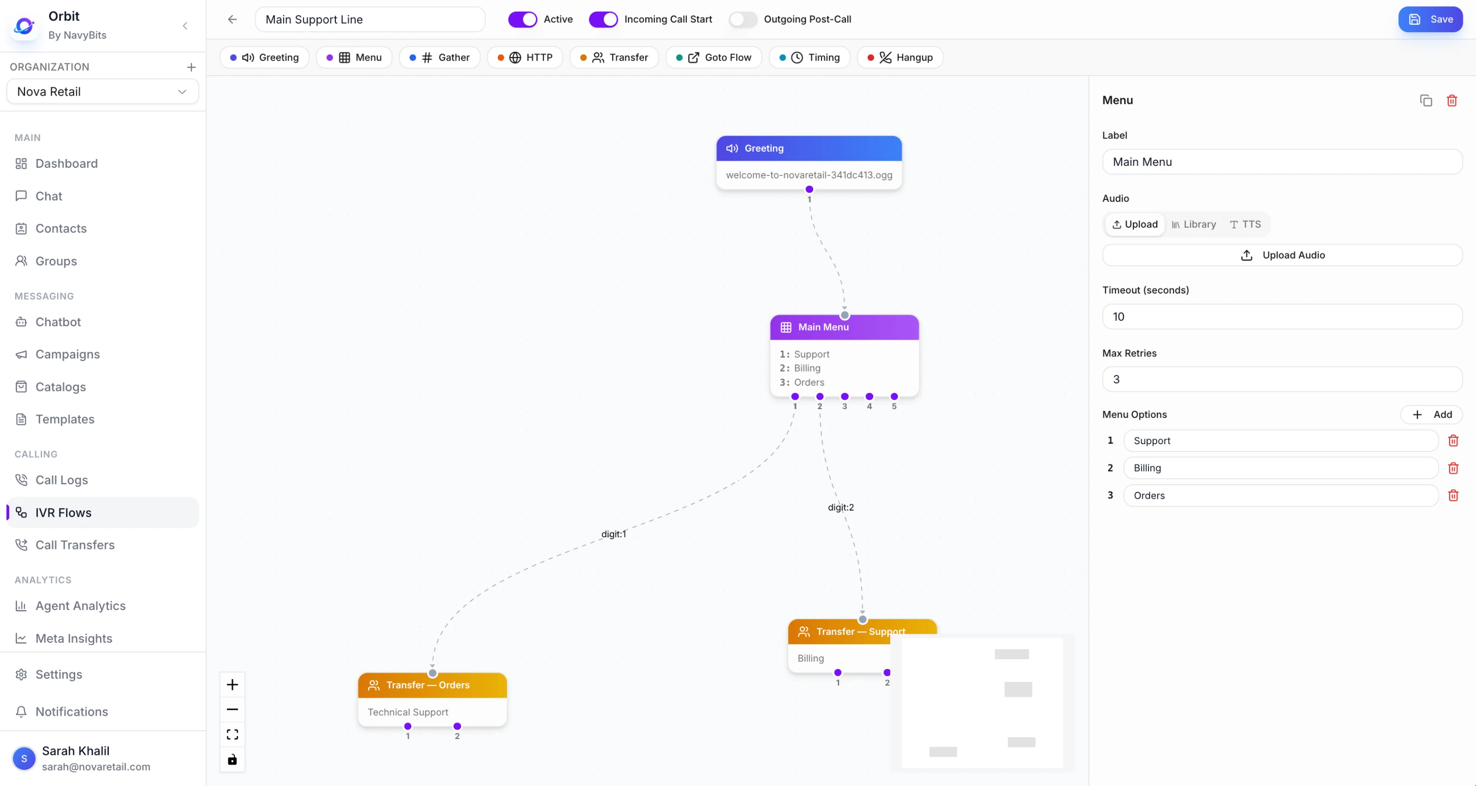 Orbit visual IVR editor with greeting, menu and transfer nodes